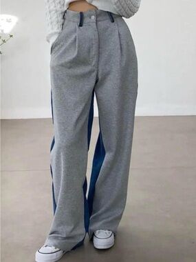 NWOT Denim and Gray cotton Wide-Leg baggy Jeans Pants paper bag waistband NEW